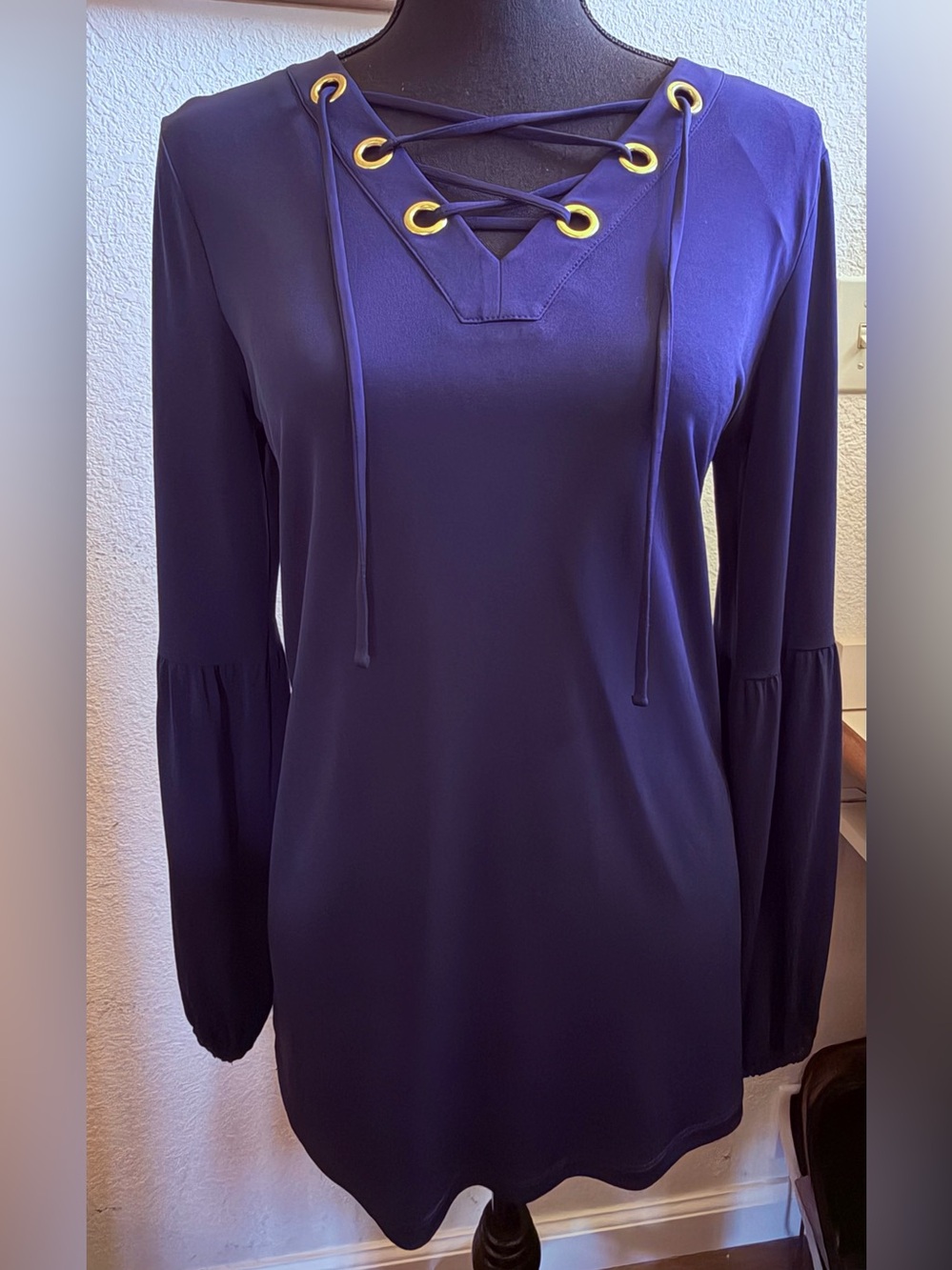 Michael Kors deep blue Lace-Up Long Sleeve Dress with Gold grommets.